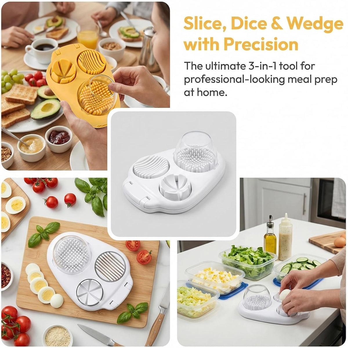 3 In 1 Egg Slicer For Hard Boiled Eggs, Strawberry Slicer Grape Cutter, 2026 New Stainless Steel 3 Slice Modes Egg Cutter, Dishwasher Safe Kitchen Slicer for Mushroom, Cherry (Yellow)