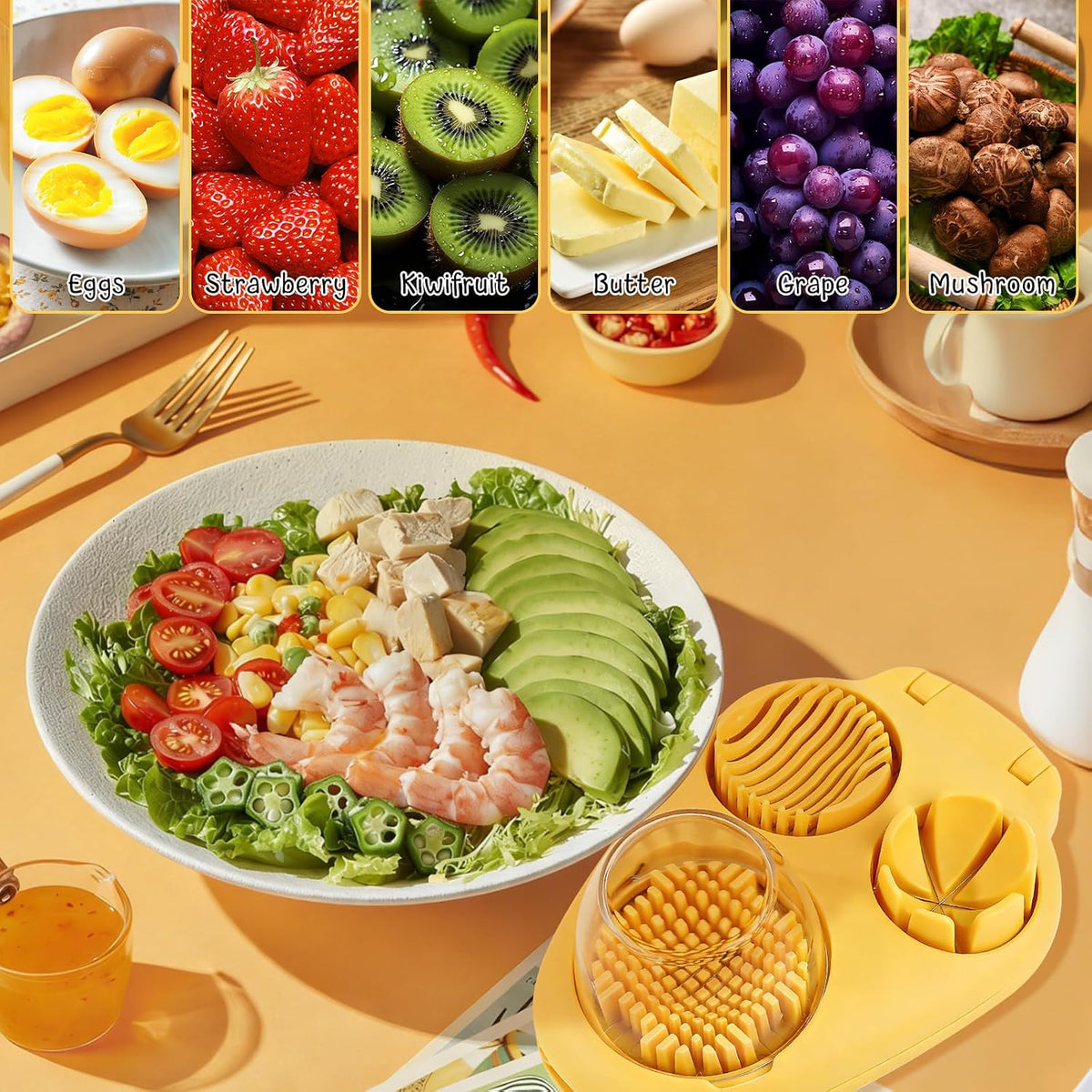 3 In 1 Egg Slicer For Hard Boiled Eggs, Strawberry Slicer Grape Cutter, 2026 New Stainless Steel 3 Slice Modes Egg Cutter, Dishwasher Safe Kitchen Slicer for Mushroom, Cherry (Yellow)