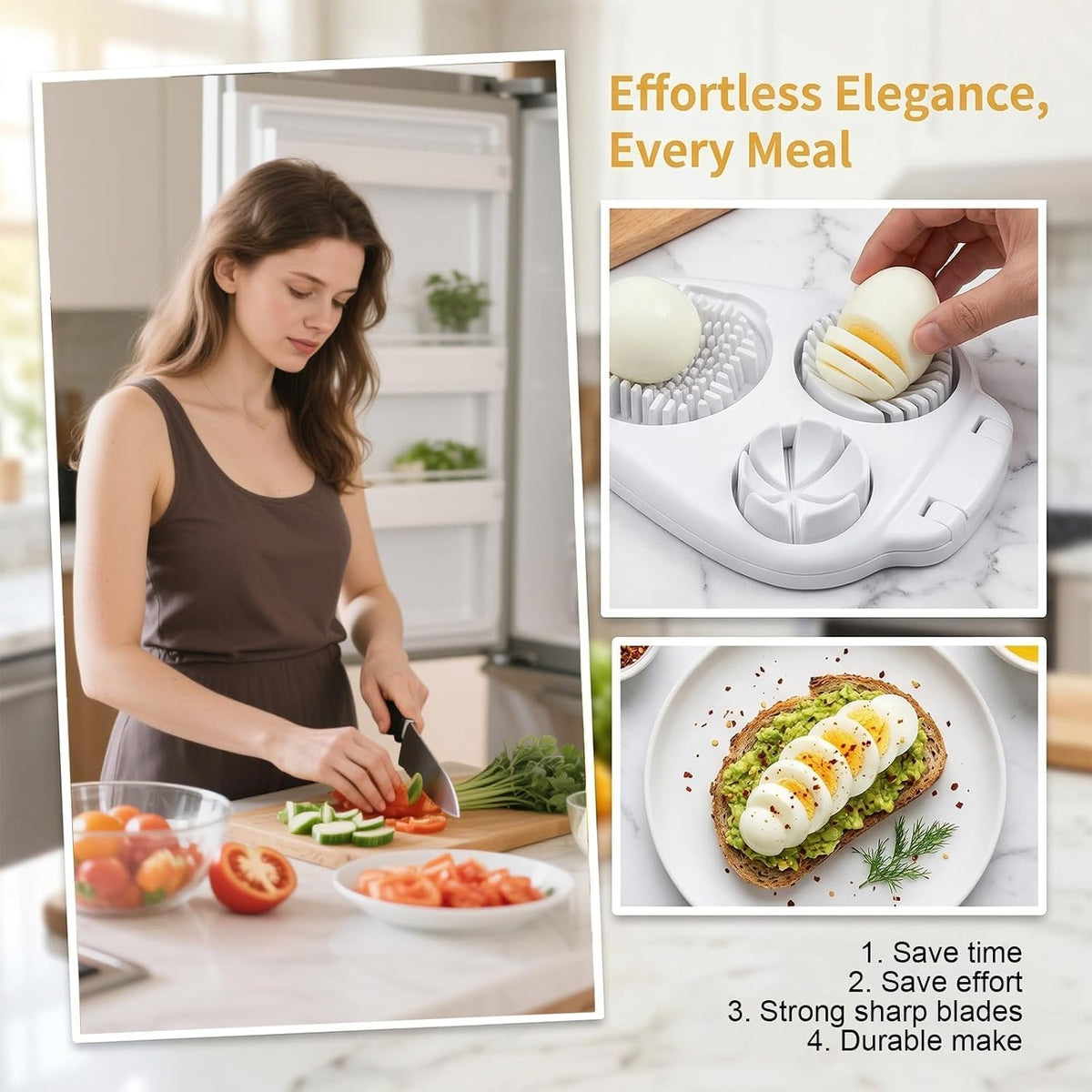 3 In 1 Egg Slicer For Hard Boiled Eggs, Strawberry Slicer Grape Cutter, 2026 New Stainless Steel 3 Slice Modes Egg Cutter, Dishwasher Safe Kitchen Slicer for Mushroom, Cherry (Yellow)