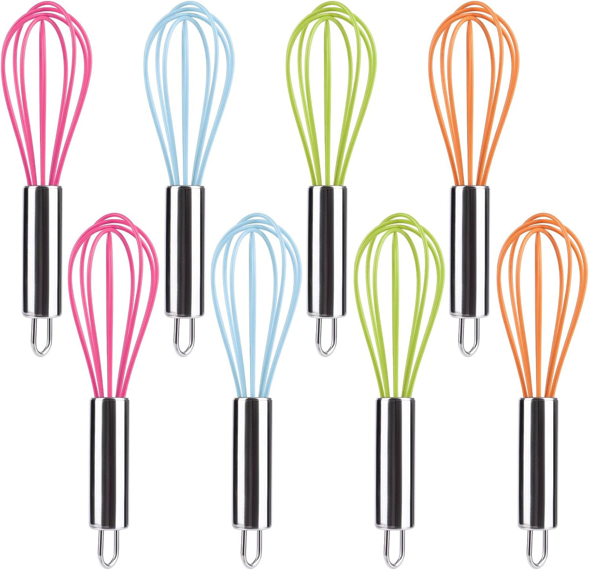 Multi-Color Mini Silicone Kitchen Whisks with Stainless Steel Handles Milk Beater Egg Beater Balloon Whisk for Blending Stirring Whisking and Beating(6.2in, Four colorsl, 8)