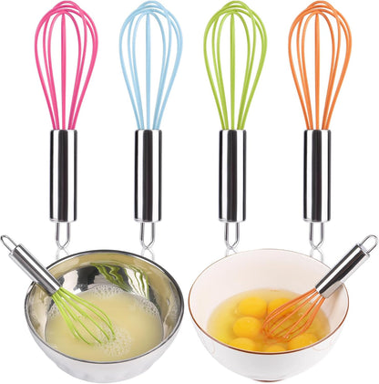 Multi-Color Mini Silicone Kitchen Whisks with Stainless Steel Handles Milk Beater Egg Beater Balloon Whisk for Blending Stirring Whisking and Beating(6.2in, Four colorsl, 8)