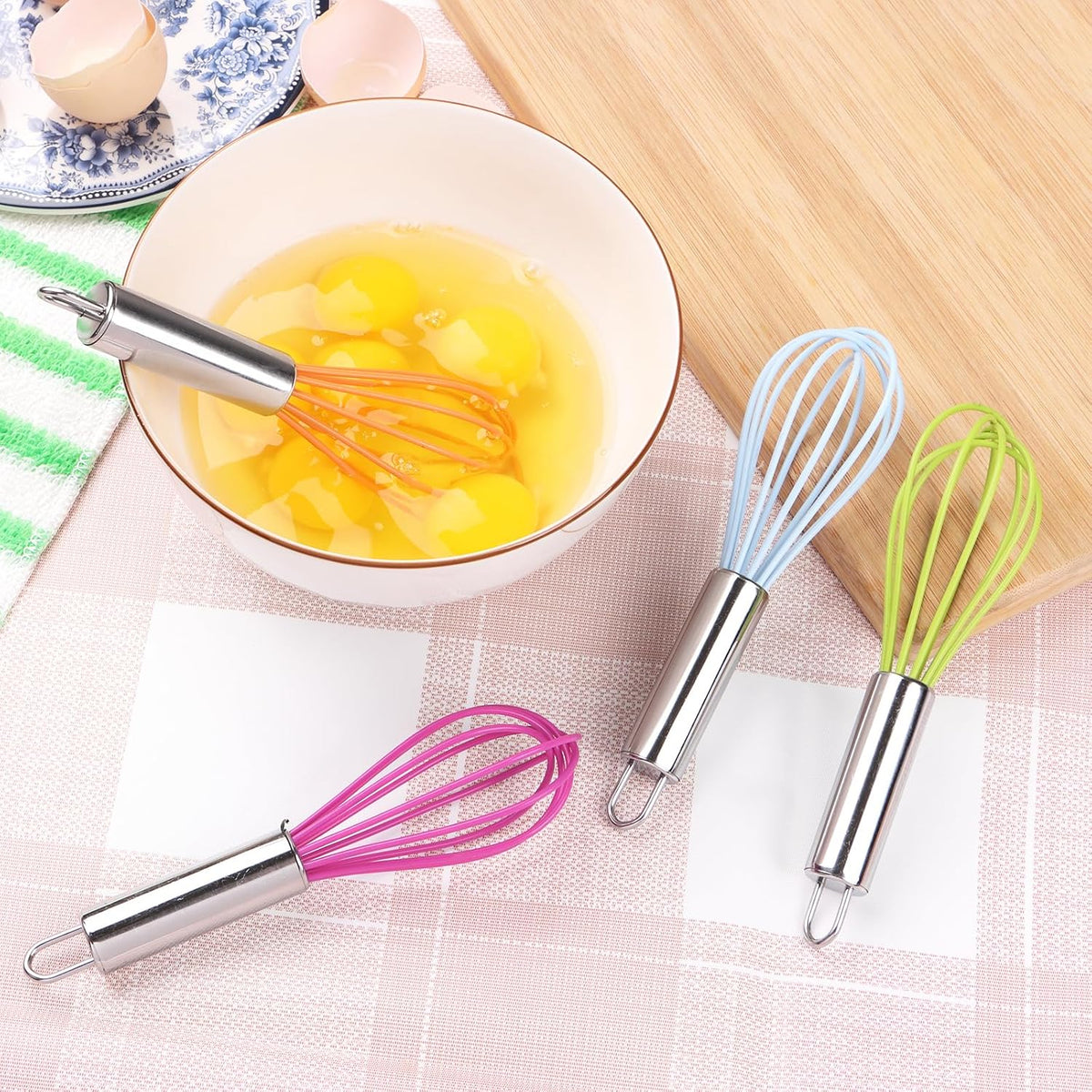 Multi-Color Mini Silicone Kitchen Whisks with Stainless Steel Handles Milk Beater Egg Beater Balloon Whisk for Blending Stirring Whisking and Beating(6.2in, Four colorsl, 8)