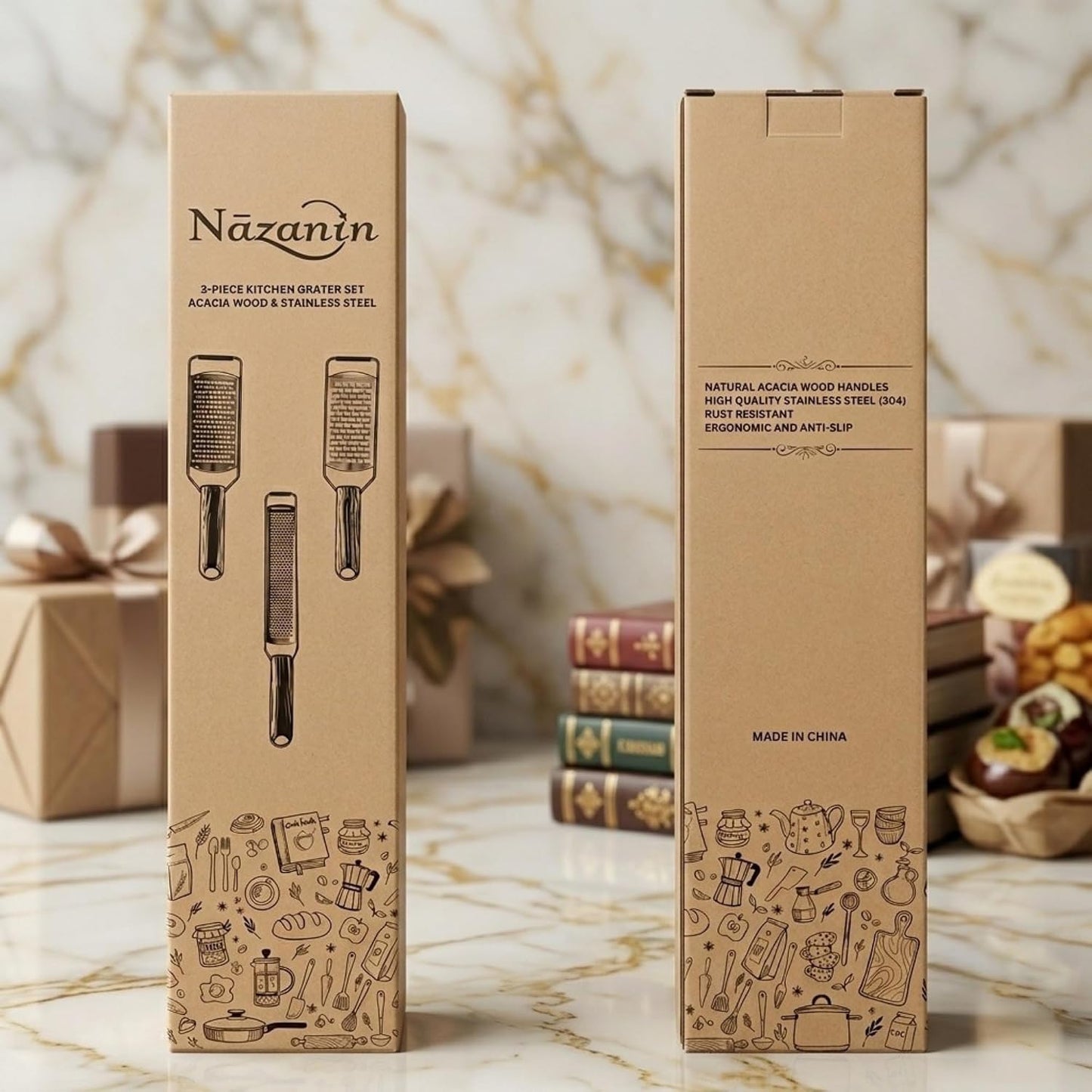 3-Piece Stainless Steel Cheese Grater & Zester Set w/Acacia Wood Handles – For Parmesan, Lemon Zest, Ginger, and Spices