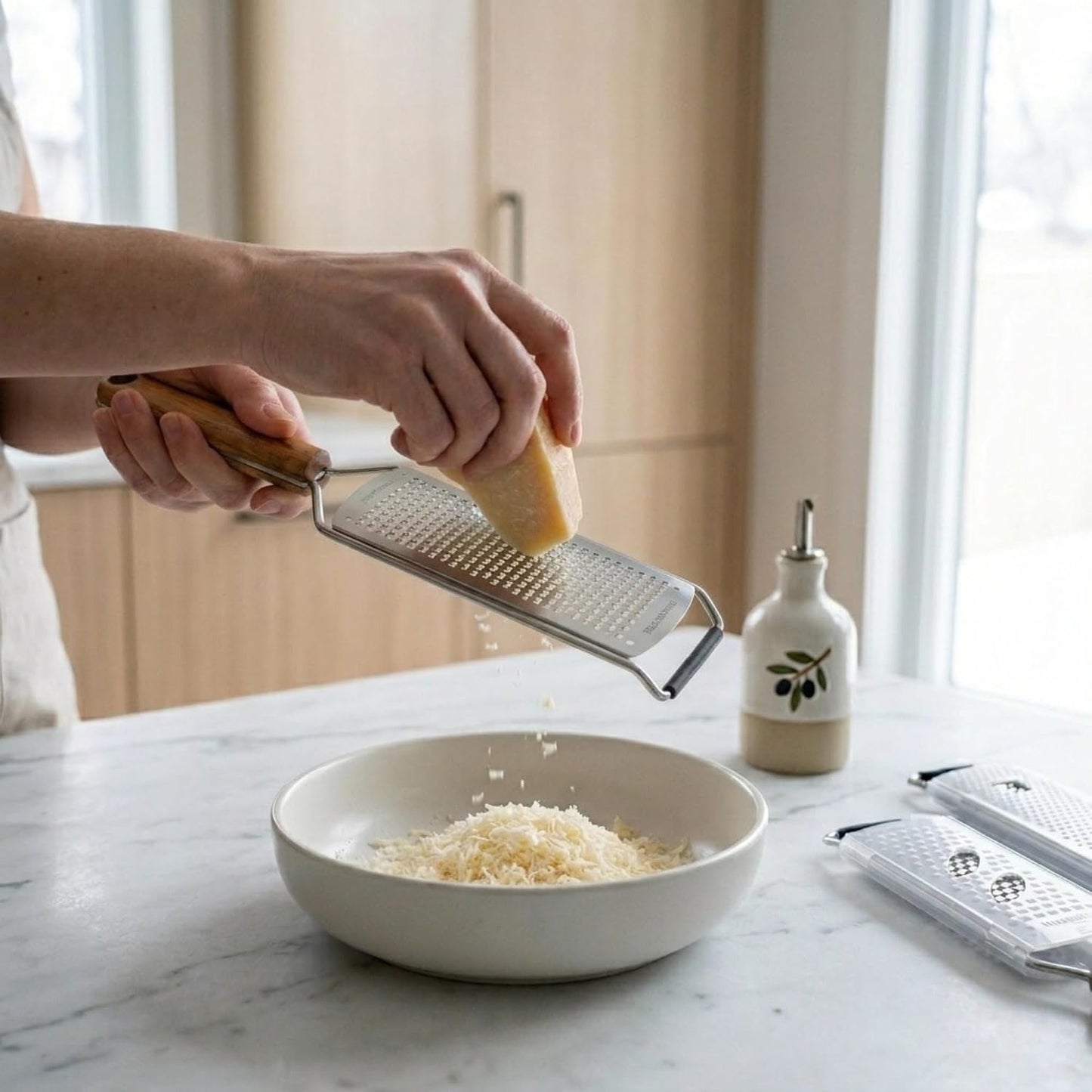 3-Piece Stainless Steel Cheese Grater & Zester Set w/Acacia Wood Handles – For Parmesan, Lemon Zest, Ginger, and Spices