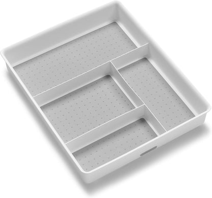 Classic 4 Compartment Drawer Organizer, White | non slip feet, rounded corners, soft grip base, open sections, cords tech accessories, office craft supplies, woman owned