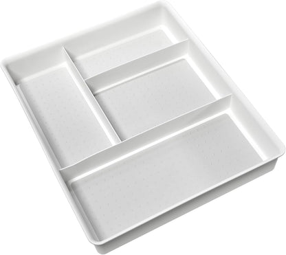 Classic 4 Compartment Drawer Organizer, White | non slip feet, rounded corners, soft grip base, open sections, cords tech accessories, office craft supplies, woman owned