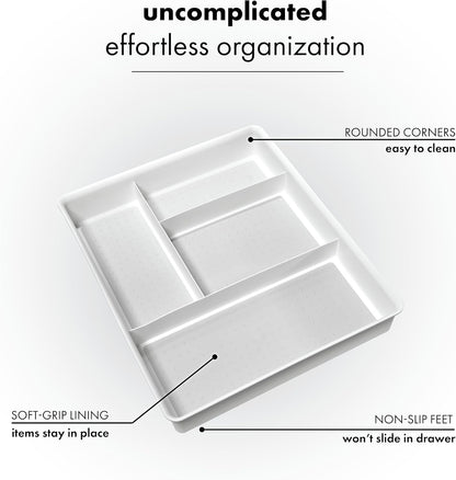 Classic 4 Compartment Drawer Organizer, White | non slip feet, rounded corners, soft grip base, open sections, cords tech accessories, office craft supplies, woman owned