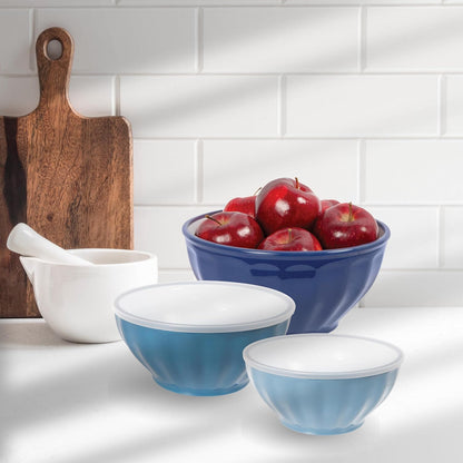 Set of 3 Ribbed Mixing Bowls with Lids - Nested Plastic Bowls for Kitchen, Durable Mixing Bowls Set, BPA-Free Plastic Bowls with Lids - 1.6, 2.6, 3.7 Qt