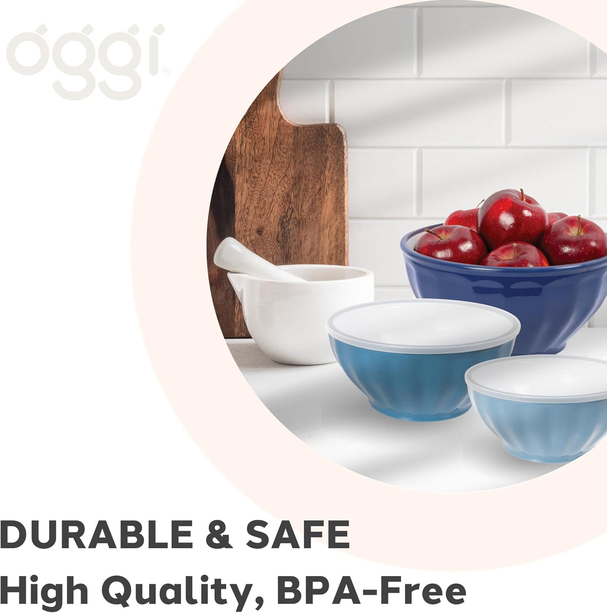 Set of 3 Ribbed Mixing Bowls with Lids - Nested Plastic Bowls for Kitchen, Durable Mixing Bowls Set, BPA-Free Plastic Bowls with Lids - 1.6, 2.6, 3.7 Qt