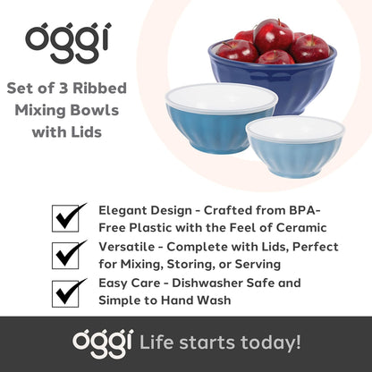 Set of 3 Ribbed Mixing Bowls with Lids - Nested Plastic Bowls for Kitchen, Durable Mixing Bowls Set, BPA-Free Plastic Bowls with Lids - 1.6, 2.6, 3.7 Qt