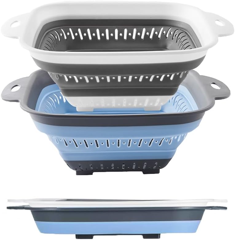 Collapsible Colander Set, Square Round Triangles Silicone Kitchen Strainer Perfect for Draining Pasta Vegetable fruit 2 PCS (10.8"L x 8.6"W x 2"H, Red & Green)