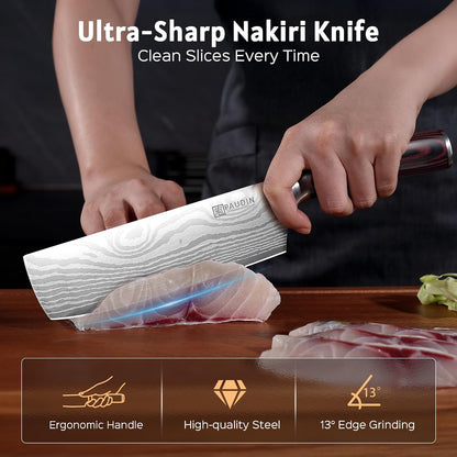 Nakiri Knife - 7" Razor Sharp Meat Cleaver and Vegetable Kitchen Knife, High Carbon Stainless Steel, Multipurpose Asian Chef Knife for Home and Kitchen with Ergonomic Handle