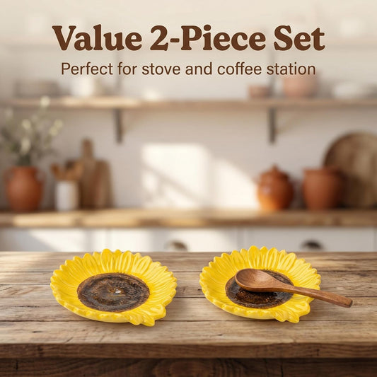Set of 2 Ceramic Sunflower Spoon Rests for Kitchen Counter & Stove Top