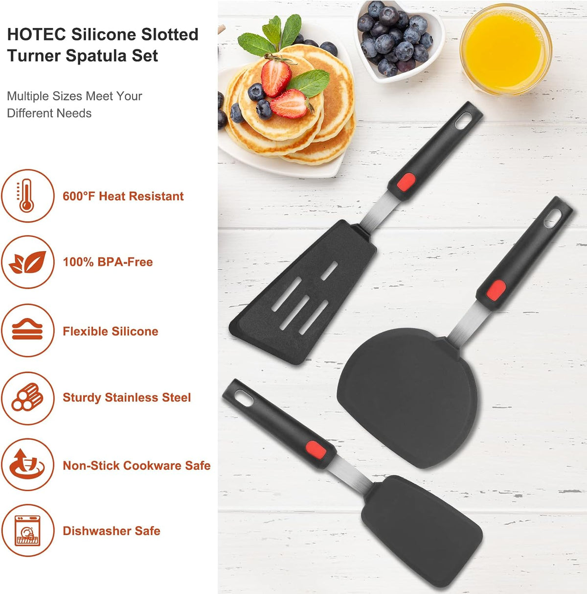 Silicone Spatula Turner Set of 3, Heat Resistant 600°F & BPA-Free Flexible Rubber Spatulas for Nonstick Cookware, Kitchen Utensils for Flipping Eggs, Fish, Burgers, Pancakes, Cookie, Crepes
