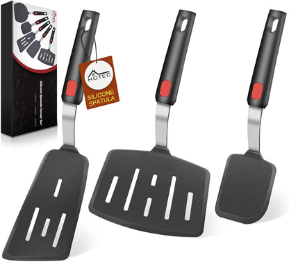 Silicone Spatula Turner Set of 3, Heat Resistant 600°F & BPA-Free Flexible Rubber Spatulas for Nonstick Cookware, Kitchen Utensils for Flipping Eggs, Fish, Burgers, Pancakes, Cookie, Crepes