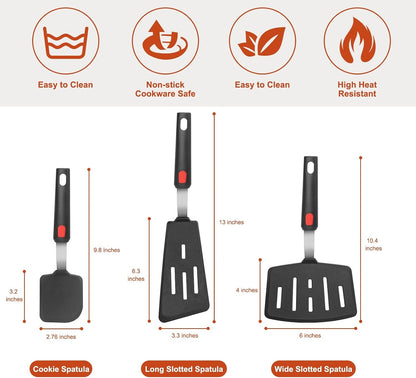Silicone Spatula Turner Set of 3, Heat Resistant 600°F & BPA-Free Flexible Rubber Spatulas for Nonstick Cookware, Kitchen Utensils for Flipping Eggs, Fish, Burgers, Pancakes, Cookie, Crepes