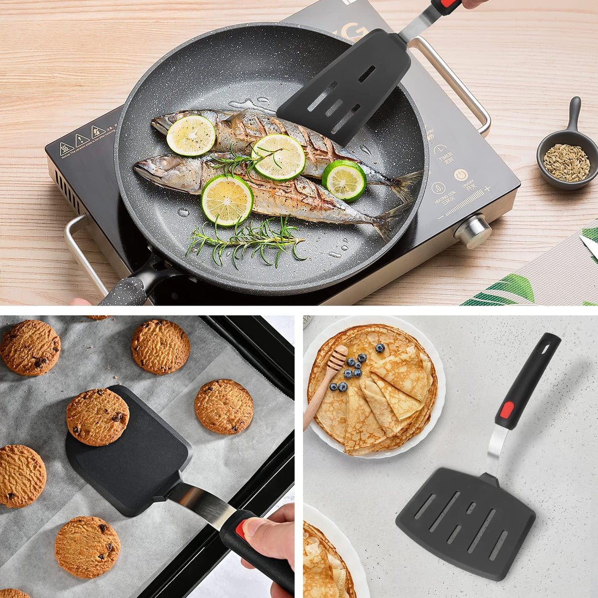 Silicone Spatula Turner Set of 3, Heat Resistant 600°F & BPA-Free Flexible Rubber Spatulas for Nonstick Cookware, Kitchen Utensils for Flipping Eggs, Fish, Burgers, Pancakes, Cookie, Crepes