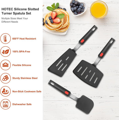 Silicone Spatula Turner Set of 3, Heat Resistant 600°F & BPA-Free Flexible Rubber Spatulas for Nonstick Cookware, Kitchen Utensils for Flipping Eggs, Fish, Burgers, Pancakes, Cookie, Crepes