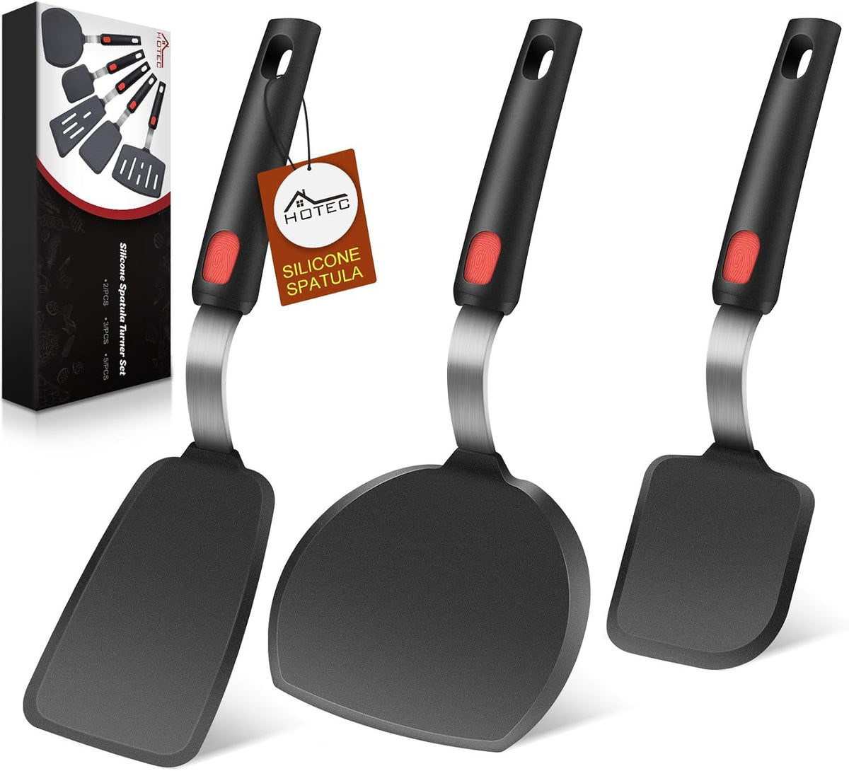 Silicone Spatula Turner Set of 3, Heat Resistant 600°F & BPA-Free Flexible Rubber Spatulas for Nonstick Cookware, Kitchen Utensils for Flipping Eggs, Fish, Burgers, Pancakes, Cookie, Crepes