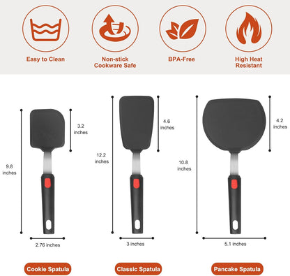 Silicone Spatula Turner Set of 3, Heat Resistant 600°F & BPA-Free Flexible Rubber Spatulas for Nonstick Cookware, Kitchen Utensils for Flipping Eggs, Fish, Burgers, Pancakes, Cookie, Crepes