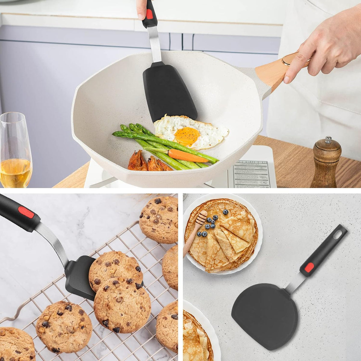 Silicone Spatula Turner Set of 3, Heat Resistant 600°F & BPA-Free Flexible Rubber Spatulas for Nonstick Cookware, Kitchen Utensils for Flipping Eggs, Fish, Burgers, Pancakes, Cookie, Crepes