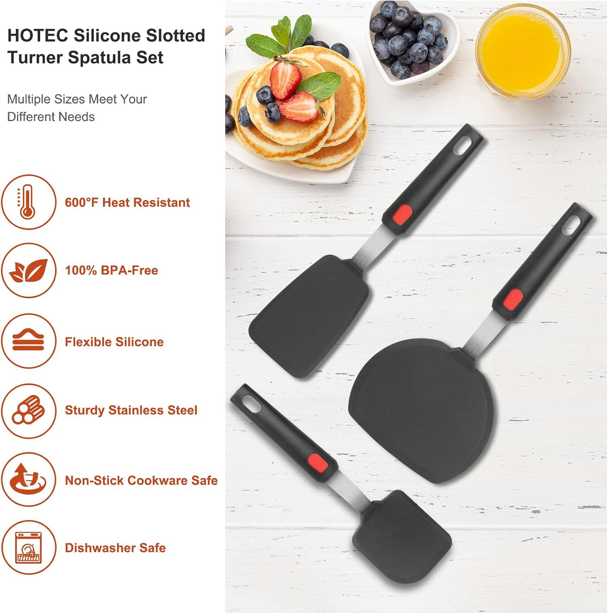 Silicone Spatula Turner Set of 3, Heat Resistant 600°F & BPA-Free Flexible Rubber Spatulas for Nonstick Cookware, Kitchen Utensils for Flipping Eggs, Fish, Burgers, Pancakes, Cookie, Crepes