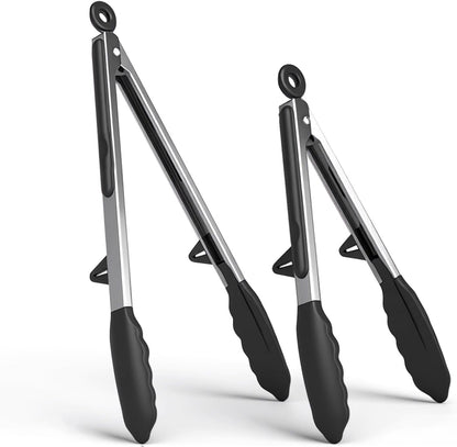 Kitchen Cooking Tongs Set, 9" & 12", Black, 2 Pack | Built-in Stand & Dishwasher Safe; Heat Resistant up to 600°F; Perfect for Grilling, BBQ, Salad & Frying.