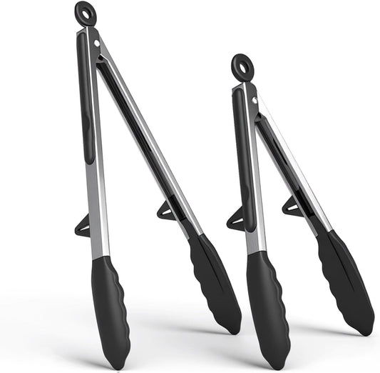 Kitchen Cooking Tongs Set, 9" & 12", Black, 2 Pack | Built-in Stand & Dishwasher Safe; Heat Resistant up to 600°F; Perfect for Grilling, BBQ, Salad & Frying.