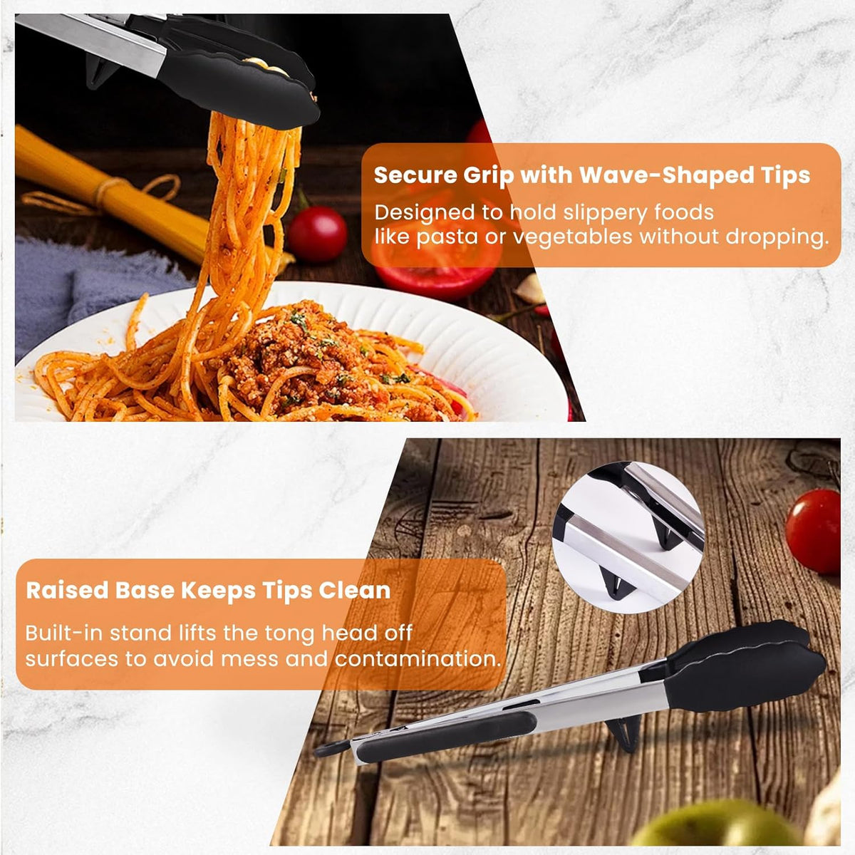 Kitchen Cooking Tongs Set, 9" & 12", Black, 2 Pack | Built-in Stand & Dishwasher Safe; Heat Resistant up to 600°F; Perfect for Grilling, BBQ, Salad & Frying.
