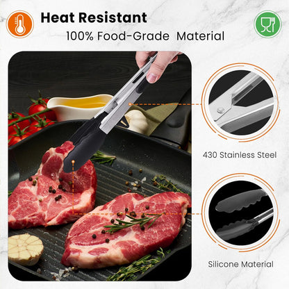 Kitchen Cooking Tongs Set, 9" & 12", Black, 2 Pack | Built-in Stand & Dishwasher Safe; Heat Resistant up to 600°F; Perfect for Grilling, BBQ, Salad & Frying.
