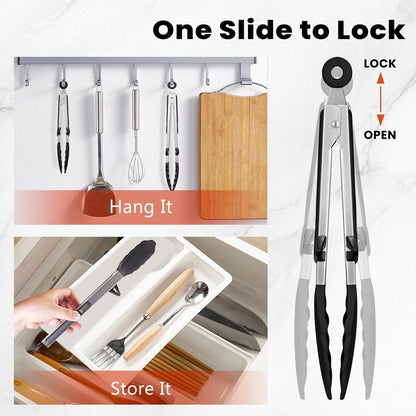 Kitchen Cooking Tongs Set, 9" & 12", Black, 2 Pack | Built-in Stand & Dishwasher Safe; Heat Resistant up to 600°F; Perfect for Grilling, BBQ, Salad & Frying.