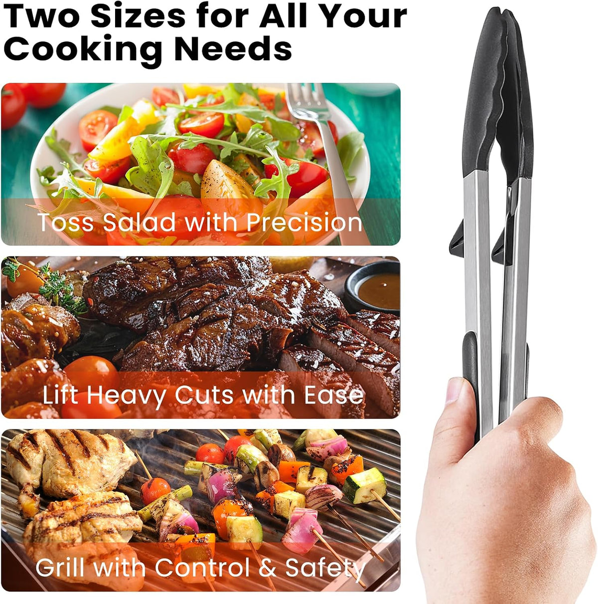 Kitchen Cooking Tongs Set, 9" & 12", Black, 2 Pack | Built-in Stand & Dishwasher Safe; Heat Resistant up to 600°F; Perfect for Grilling, BBQ, Salad & Frying.