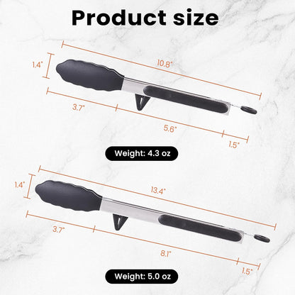 Kitchen Cooking Tongs Set, 9" & 12", Black, 2 Pack | Built-in Stand & Dishwasher Safe; Heat Resistant up to 600°F; Perfect for Grilling, BBQ, Salad & Frying.