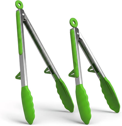 Kitchen Cooking Tongs Set, 9" & 12", Black, 2 Pack | Built-in Stand & Dishwasher Safe; Heat Resistant up to 600°F; Perfect for Grilling, BBQ, Salad & Frying.