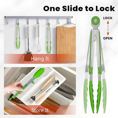Kitchen Cooking Tongs Set, 9" & 12", Black, 2 Pack | Built-in Stand & Dishwasher Safe; Heat Resistant up to 600°F; Perfect for Grilling, BBQ, Salad & Frying.