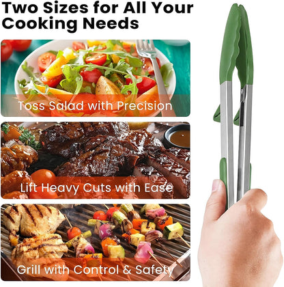 Kitchen Cooking Tongs Set, 9" & 12", Black, 2 Pack | Built-in Stand & Dishwasher Safe; Heat Resistant up to 600°F; Perfect for Grilling, BBQ, Salad & Frying.