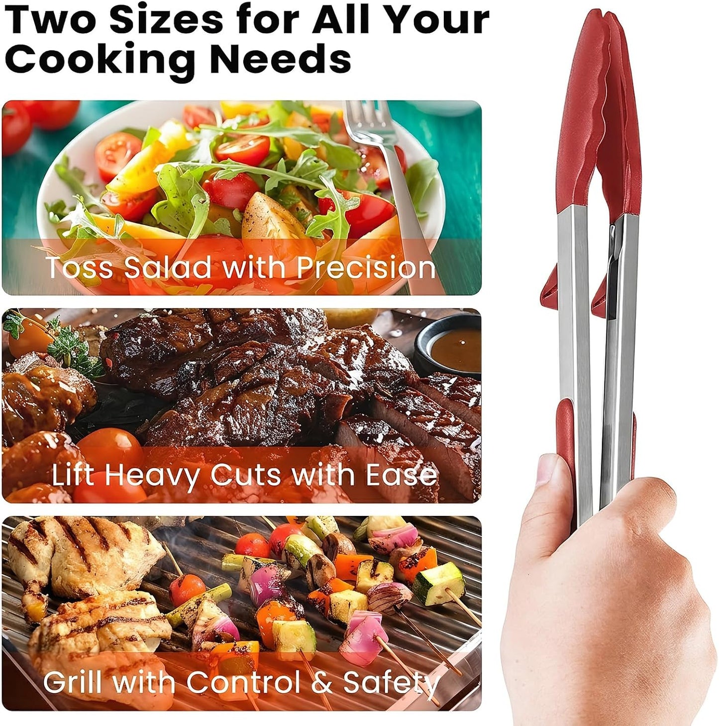 Kitchen Cooking Tongs Set, 9" & 12", Black, 2 Pack | Built-in Stand & Dishwasher Safe; Heat Resistant up to 600°F; Perfect for Grilling, BBQ, Salad & Frying.