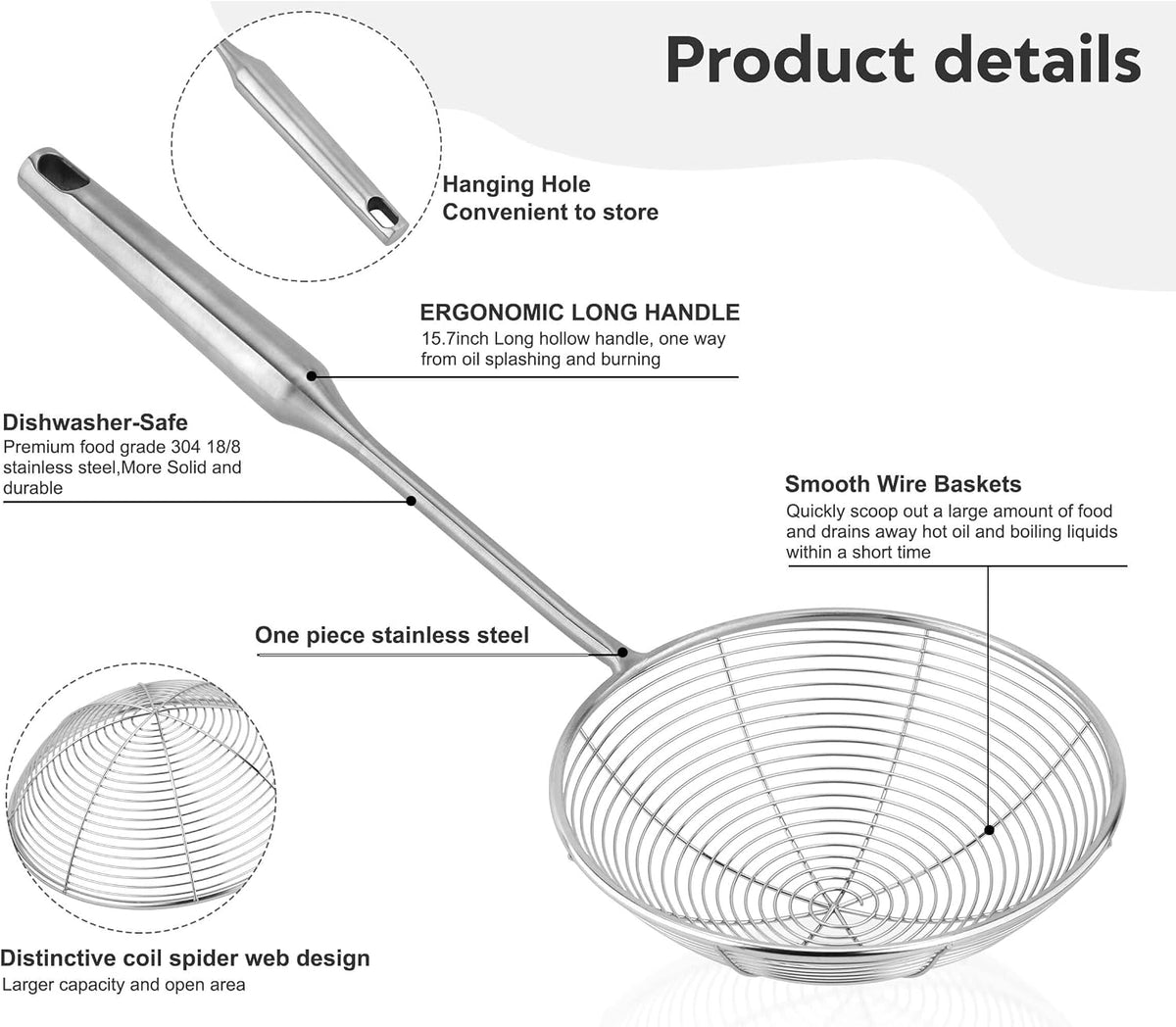 304 Stainless Steel Spider Strainer Skimmer Ladle for Cooking and Frying, Kitchen Gadgets Utensils Wire Pasta Spoon