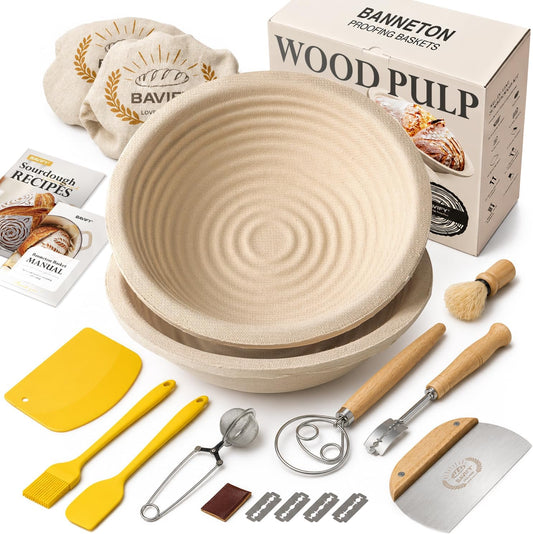 BAVIFY Sourdough Starter Kit, Banneton Bread Proofing Baskets Set | 2-Pack 9 in Round Wood Pulp Banneton, 2.2 lb Capacity, Superior Moisture Control, Easy Release, Thick Walls Design