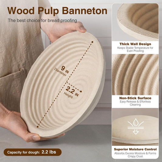 BAVIFY Sourdough Starter Kit, Banneton Bread Proofing Baskets Set | 2-Pack 9 in Round Wood Pulp Banneton, 2.2 lb Capacity, Superior Moisture Control, Easy Release, Thick Walls Design