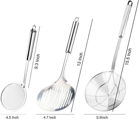 Tenta Solid Stainless Steel Spider Strainer Skimmer Ladle for Cooking and Frying, Kitchen Utensils Wire Strainer Pasta Strainer Spoon Hot Pot Fat Skimmer Spoon Set of 3