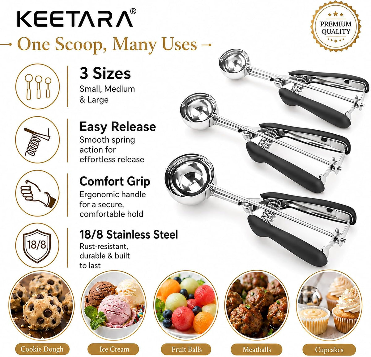 Cookie Scoop Set, Cookie Scoops for Baking Set of 3, Small/Medium/Large Cookie Dough Scoop, 1/2/3 Tbsp Cookie Scoop with Trigger, 18/8 Stainless Steel, Non-Slip