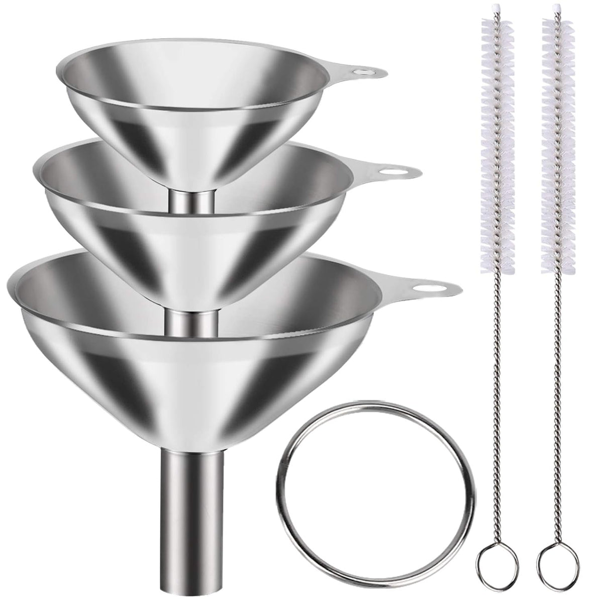 Metal Stainless Steel Funnel, Large Medium Small Funnel Set of 3, Food Grade Mini Funnels for Kitchen Use Filling Bottles Flask Cooking, 2 Brushes