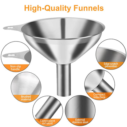 Metal Stainless Steel Funnel, Large Medium Small Funnel Set of 3, Food Grade Mini Funnels for Kitchen Use Filling Bottles Flask Cooking, 2 Brushes