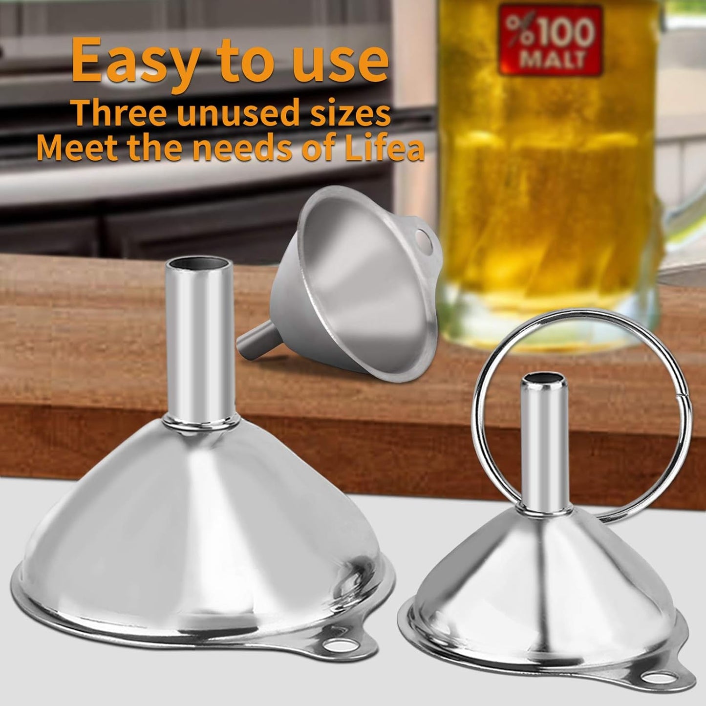 Metal Stainless Steel Funnel, Large Medium Small Funnel Set of 3, Food Grade Mini Funnels for Kitchen Use Filling Bottles Flask Cooking, 2 Brushes