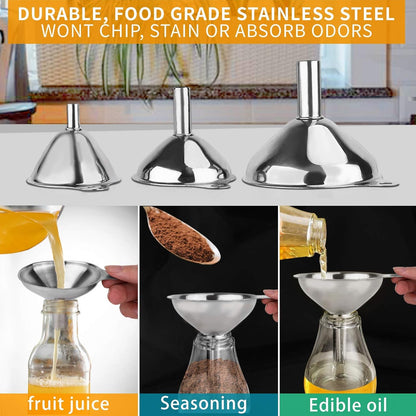 Metal Stainless Steel Funnel, Large Medium Small Funnel Set of 3, Food Grade Mini Funnels for Kitchen Use Filling Bottles Flask Cooking, 2 Brushes