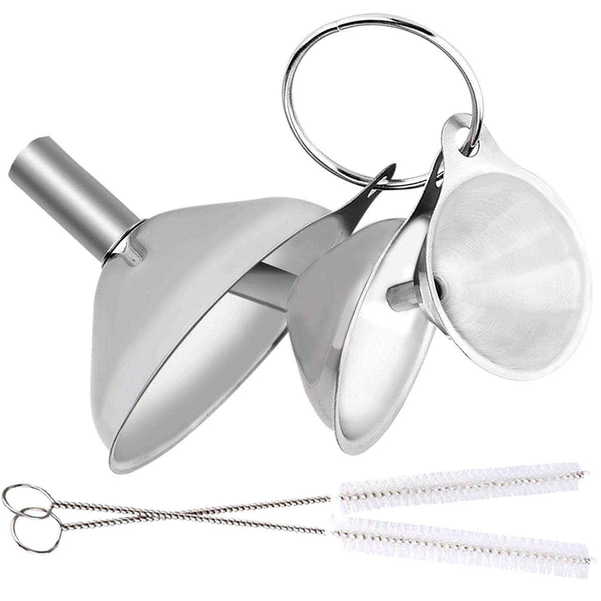 Metal Stainless Steel Funnel, Large Medium Small Funnel Set of 3, Food Grade Mini Funnels for Kitchen Use Filling Bottles Flask Cooking, 2 Brushes