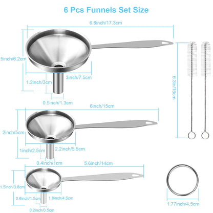 Metal Stainless Steel Funnel, Large Medium Small Funnel Set of 3, Food Grade Mini Funnels for Kitchen Use Filling Bottles Flask Cooking, 2 Brushes