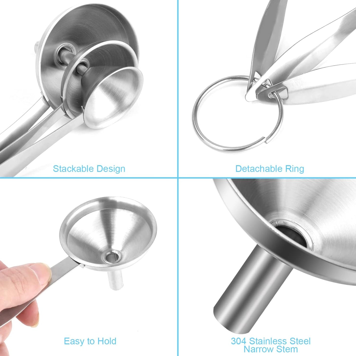 Metal Stainless Steel Funnel, Large Medium Small Funnel Set of 3, Food Grade Mini Funnels for Kitchen Use Filling Bottles Flask Cooking, 2 Brushes