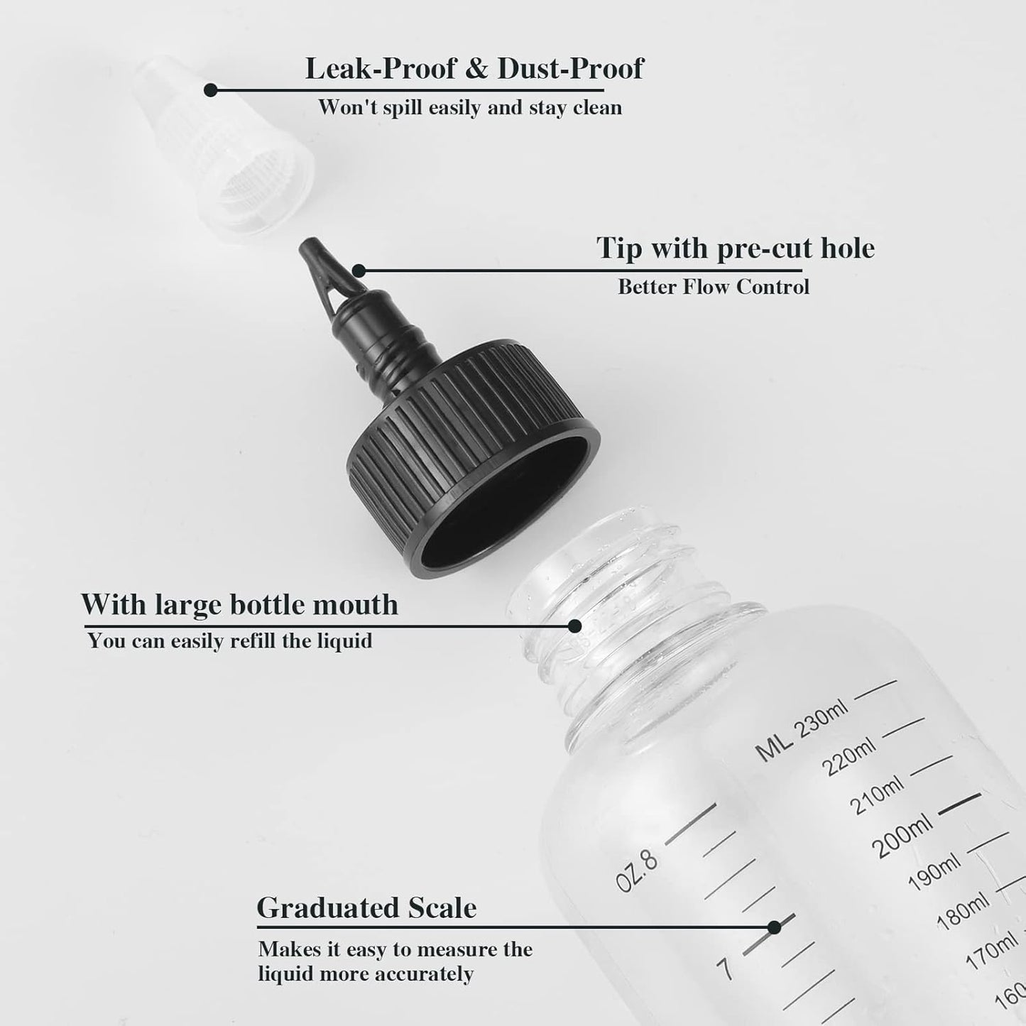2Pcs 8.5Oz Hair Oil Applicator Bottles For Scalp, Plastic Squeeze | Root Hair Dye Bottle Twist-On Top Tip Cap with Graduated Scale, Clear Soft Squeeze Bottle For Hair Oil, Dye Dispenser